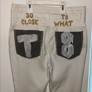 Custom Painted White Jeans with Black and Gold Accents Tate McRae Inspired
